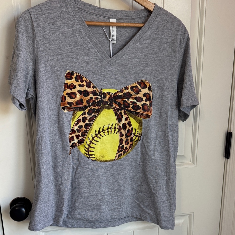 Bella Canvas Gray V-Neck Tee with Yellow Softball and Leopard Bow Size L